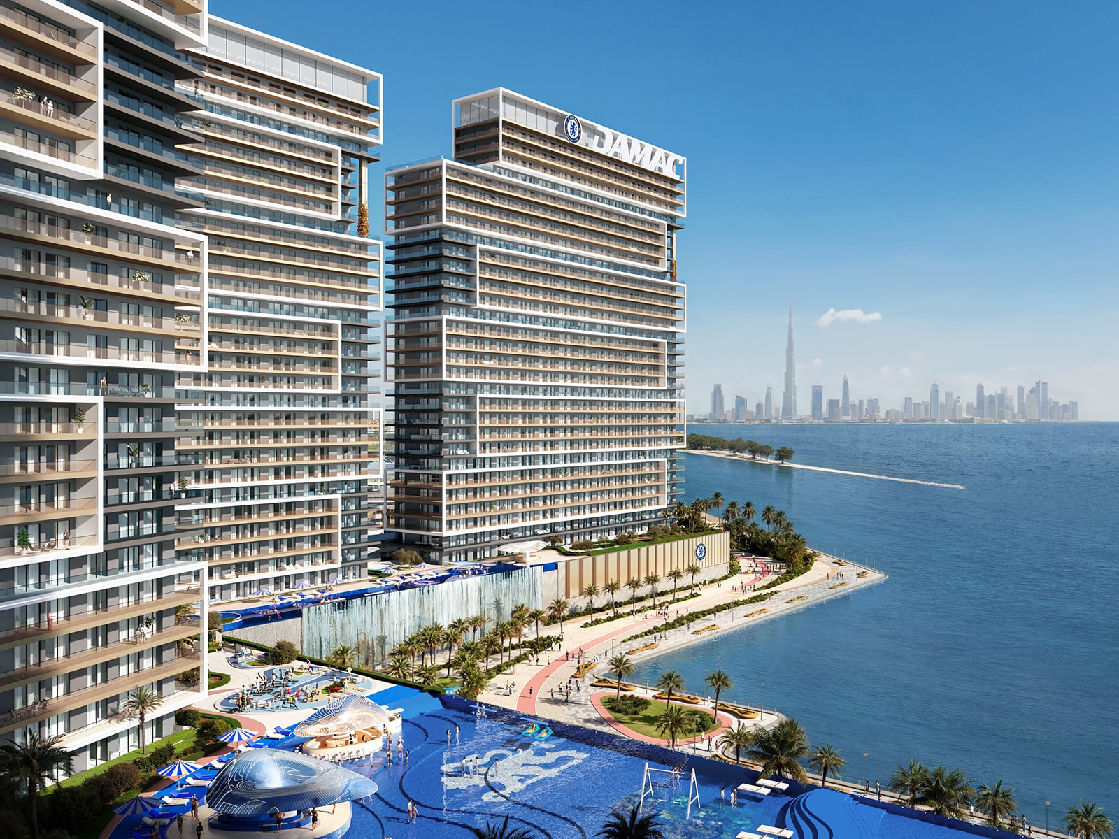 Architectural rendering of the waterfront amenity deck at Chelsea Residences