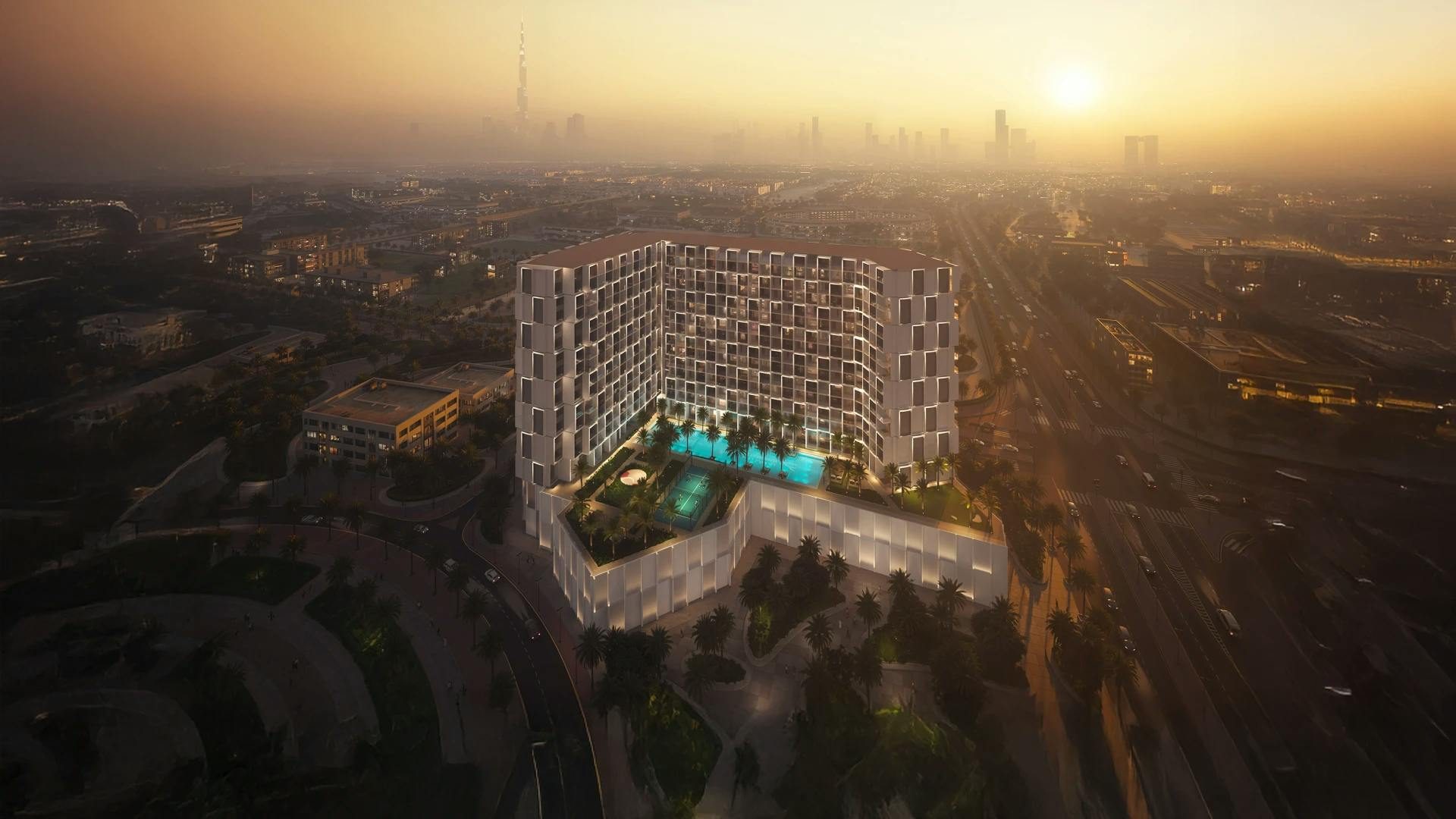 Binghatti residential tower at dusk, Dubai