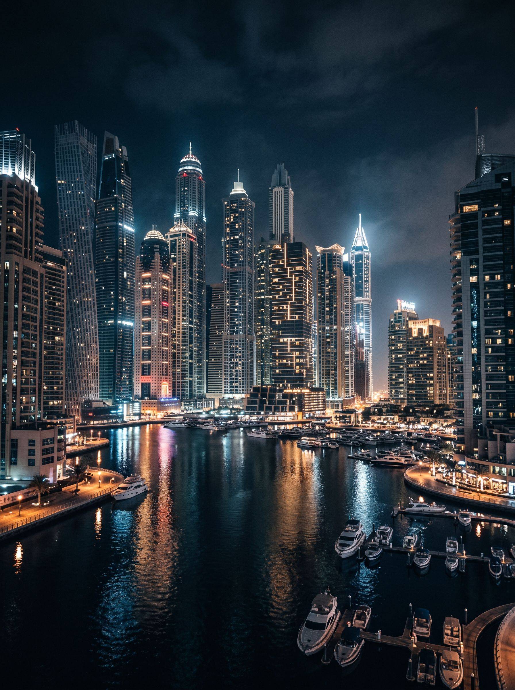 Dubai Marina towers and waterfront at dusk