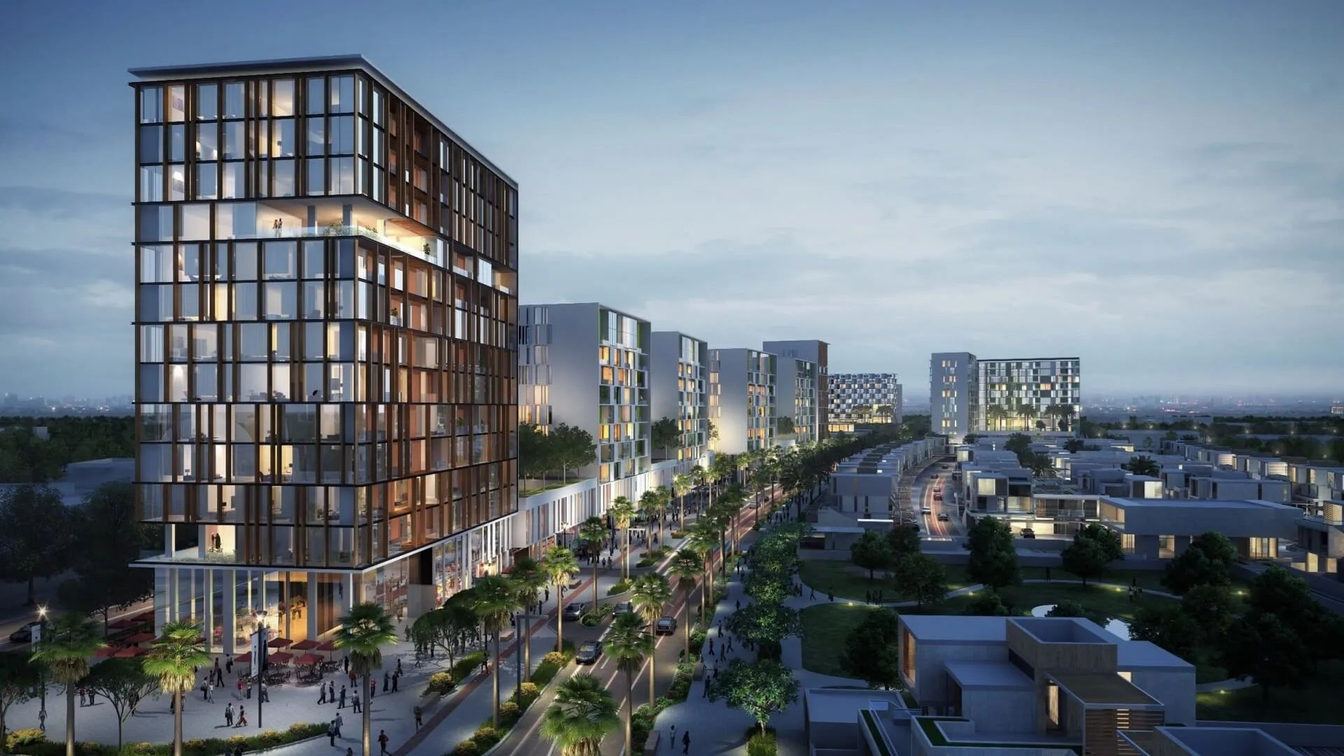 Dubai South residential boulevard at dusk