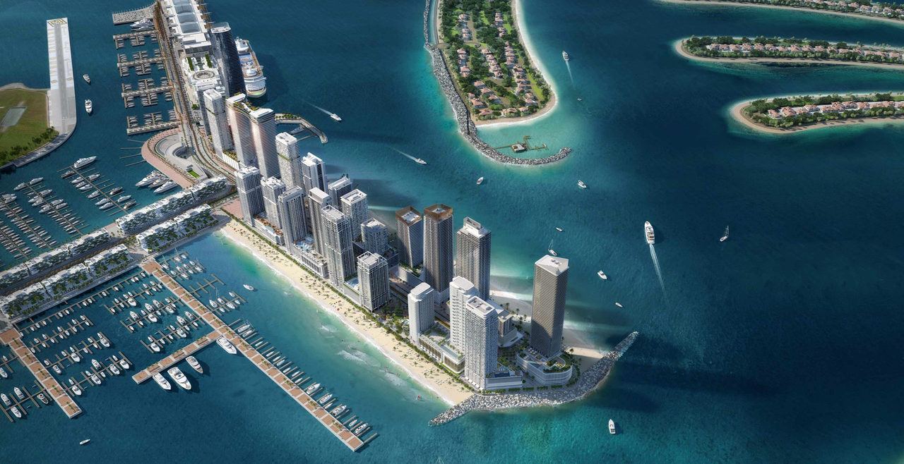 Aerial render of an Emaar waterfront development