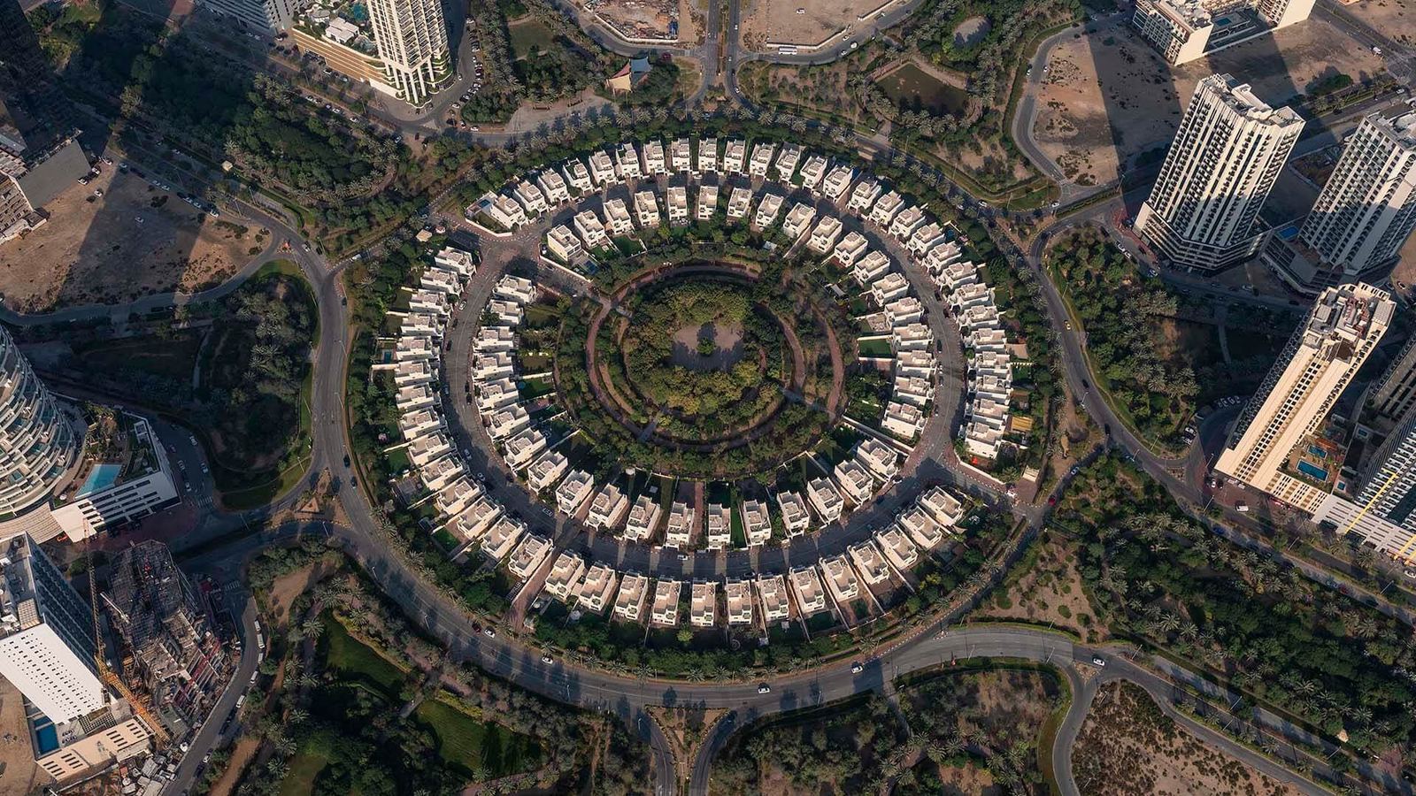 Aerial view of Jumeirah Village Circle's circular villa district