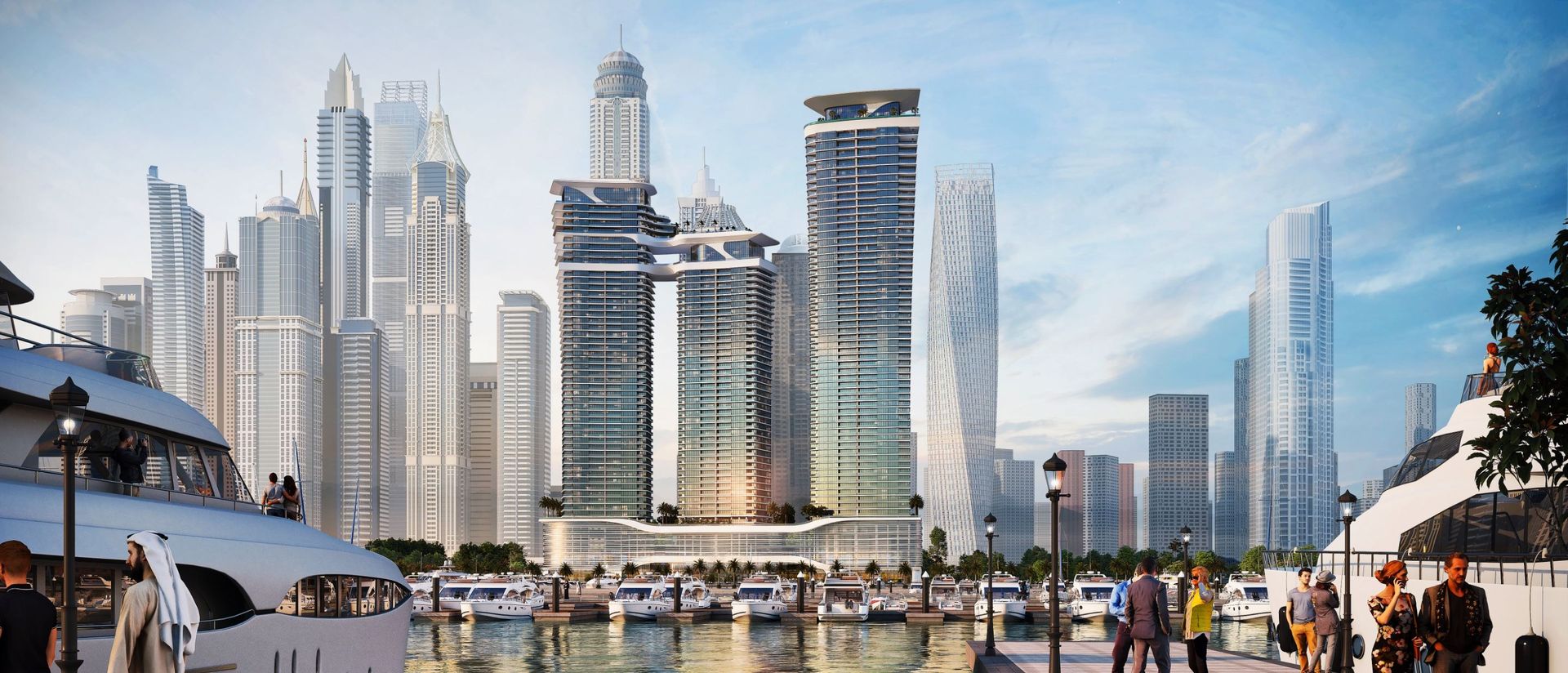 Sobha SeaHaven towers seen from Dubai Harbour marina